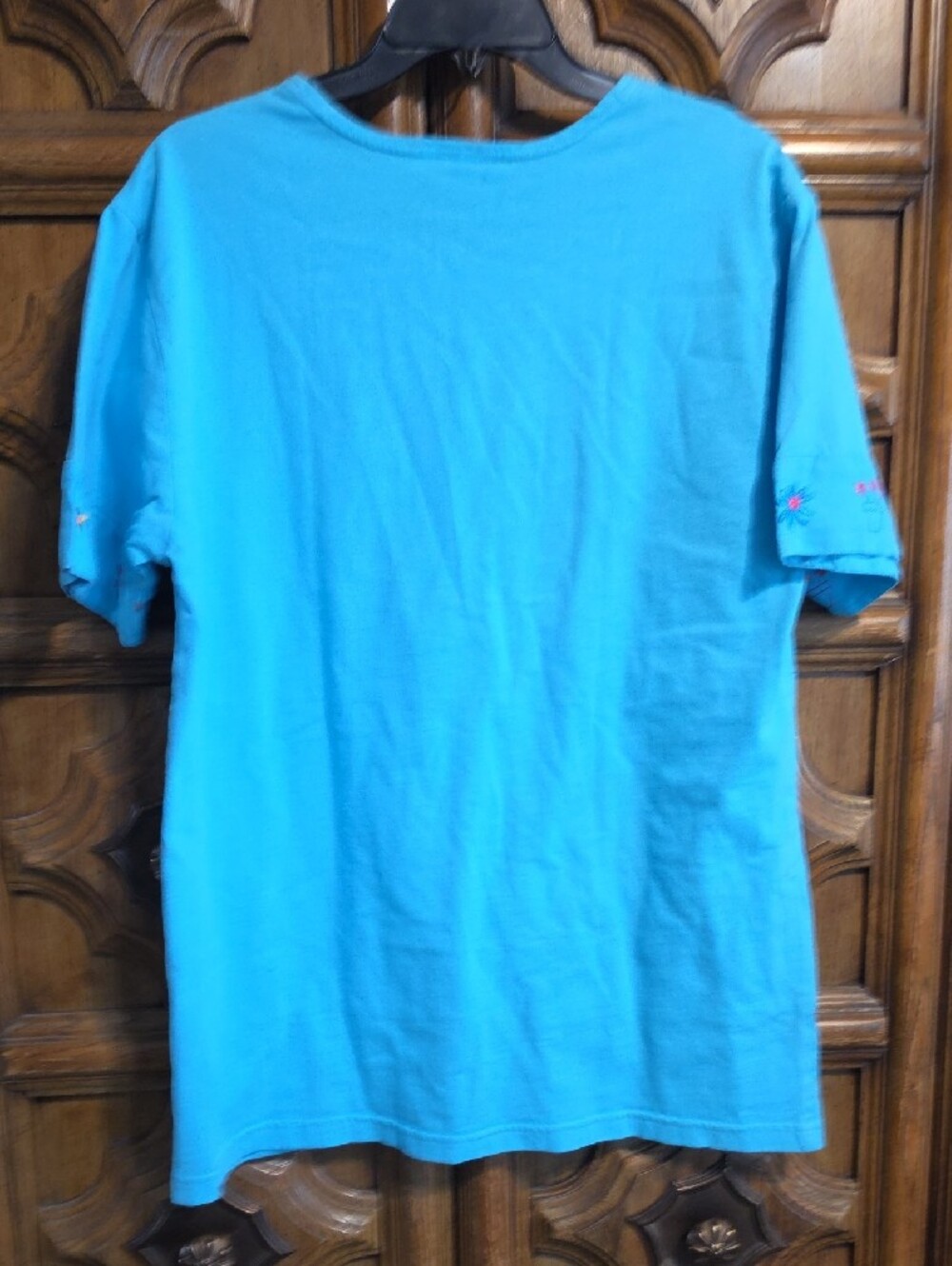 Johnny Was Turquoise Short Sleeve Tee with Multicolor Floral Embroidery - Picture 6 of 8